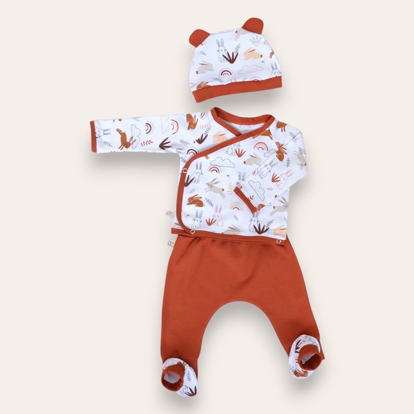 Conjunto pantalon, kimono, gorrito y patucos conejos blanco