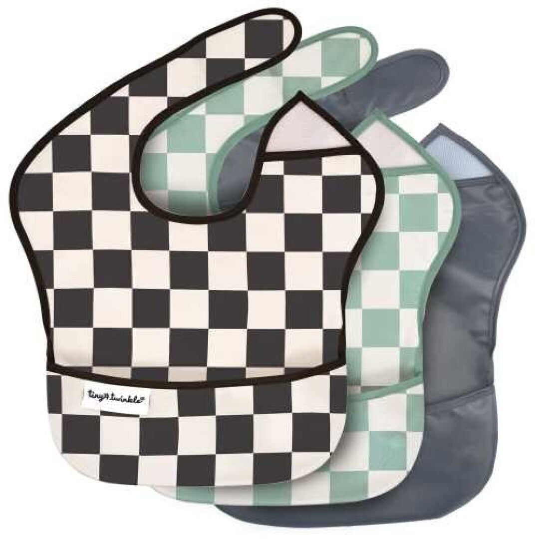 Pack 3 baberos, Cuadros Negro, Mint, Gris - Tiny Twinkle