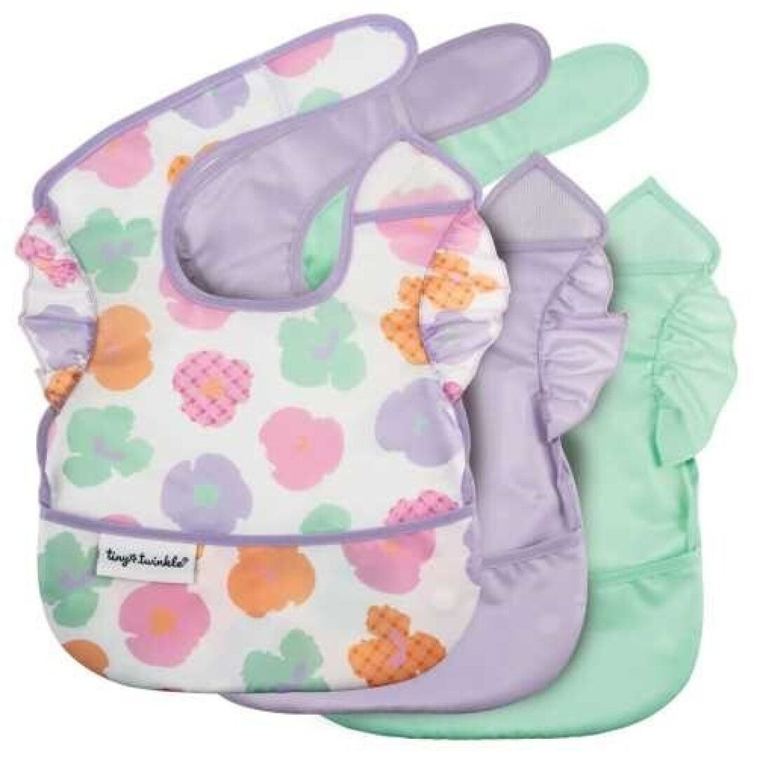 Pack 3 baberos, Verde, Lila, Flores Pop - Tiny Twinkle