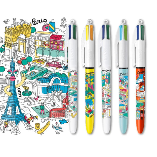 5 bolígrafos de 4 colores Bic & OMY, Cities